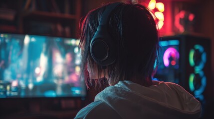 pro gamer man in headphones live streaming while playing online computer game, neon lights, esports,  gaming, monitor, play, young, player, internet, enjoyment, cyber, © pinkrabbit
