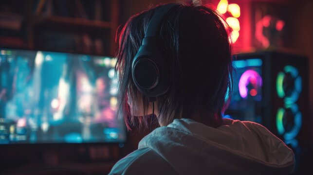 pro gamer man in headphones live streaming while playing online computer game, neon lights, esports,  gaming, monitor, play, young, player, internet, enjoyment, cyber,