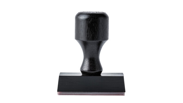 Isolated classic black rubber stamp with a sturdy wooden handle, essential office supply