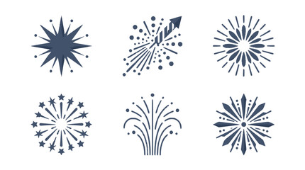 Obraz premium Minimalist vector graphic illustration collection featuring six unique firework designs with star shapes and light bursts for festive creative projects