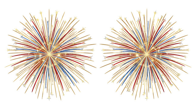 Vibrant red blue and gold firework bursts designed as a festive vector illustration for celebrations and patriotic holiday graphic projects