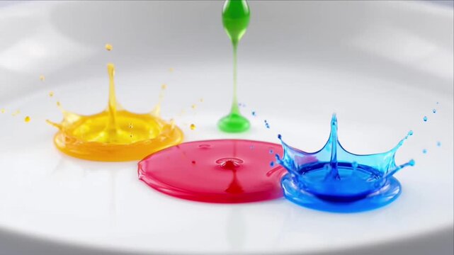Colorful paint splash macro background with bright liquid drop crown white plate surface abstract art design vibrant pigment puddle creative pattern close up red splash minimal detail yellow drop