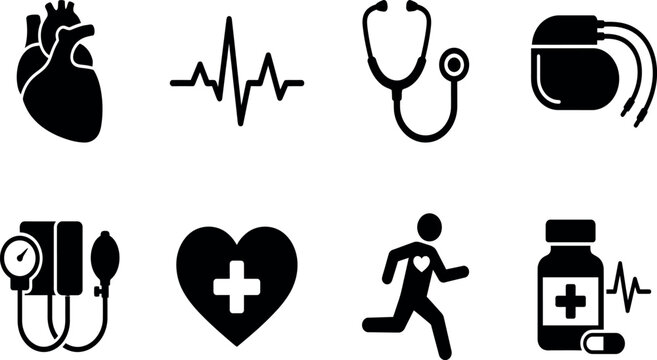 Comprehensive Cardiology Icon Set Featuring Anatomical Heart, EKG Pulse, Stethoscope, Pacemaker, Blood Pressure Monitor, Medical Heart Cross, Exercise Running, and Heart Medicine Bottle.