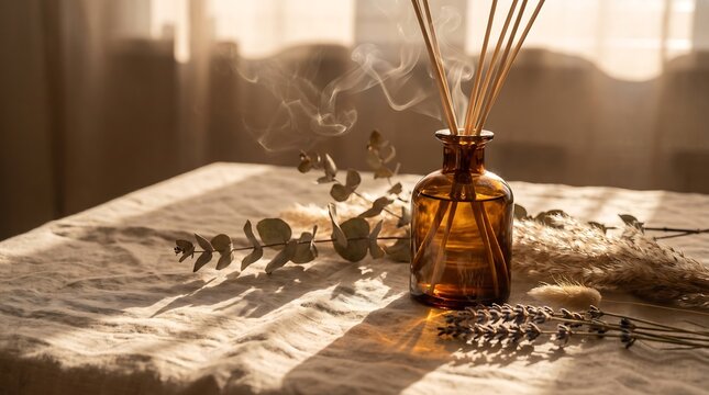 Aromatherapy reed diffuser on table with eucalyptus.