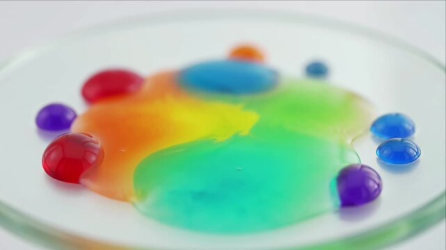 Colorful paint splash macro background glass plate with liquid dye blend, vivid rainbow fluid pool glossy drop texture abstract art design, vibrant liquid droplet water drop pattern modern creative