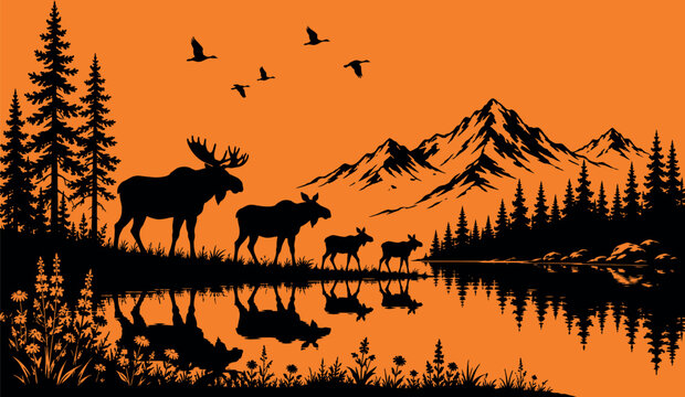 Stunning Moose Family Wildlife Silhouette Against an Orange Mountain Sunset Background. Beautiful Wilderness Landscape with Pine Trees, Lake Reflection, and Flying Birds Vector Art.