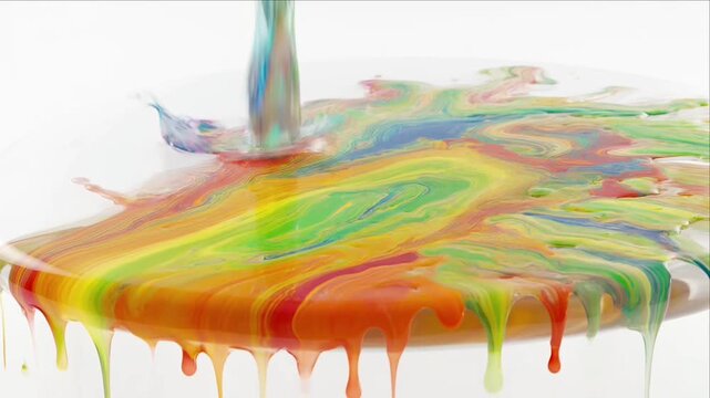 Colorful paint splash macro background swirl liquid art vibrant texture drip abstract flow motion glossy wet surface creative pattern energy on white with rainbow liquid wave flowing over surface
