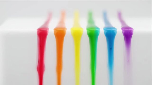 Colorful paint splash macro background with dripping rainbow liquid white surface creating abstract line pattern soft gradient texture and rainbow droplet line for creative abstract texture closeup