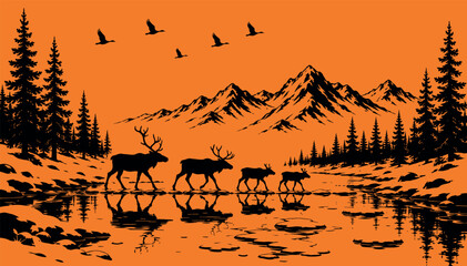 Winter Wilderness Landscape Vector Illustration Featuring a Reindeer Family Silhouette Walking Across a Frozen Lake with Scenic Mountains, Pine Forest, and Flying Birds in Orange. © Sadek