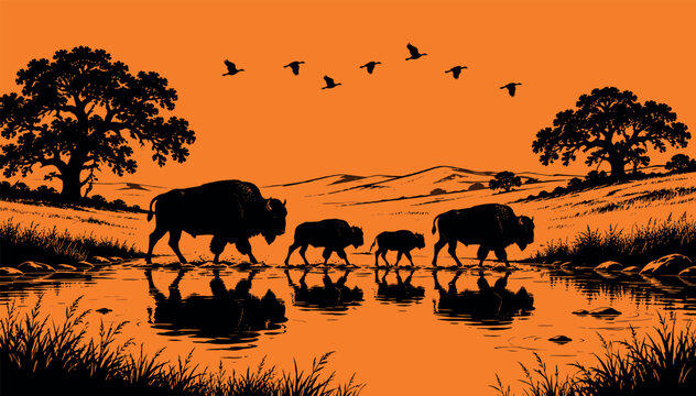 Majestic Bison Herd Silhouette Crossing a River at Sunset; Stunning Wildlife Nature Illustration of Buffalo Family in the Wild Prairie Landscape with Flying Birds and Trees.