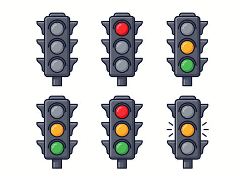 Traffic Light Vector Icon Set Showing Red, Yellow and Green Signal Light States for Road Safety