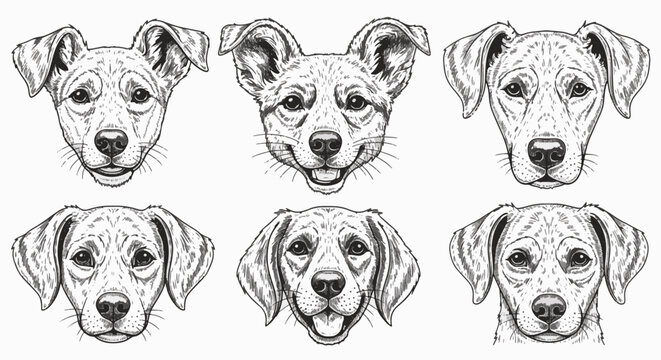 Bundle of six hand-drawn black and white dog face illustrations featuring diverse breeds. Detailed line art sketches with hatching and cross-hatching textures on a white background.