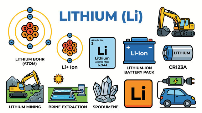 Set of lithium chemical element, mining, and battery icons vector illustration