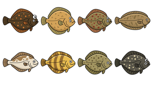 Set of various flounder and flatfish cartoon icons vector illustration