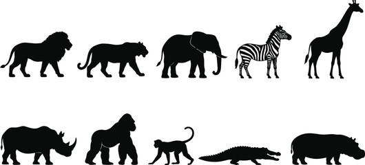 Set of ten black jungle and safari animal silhouettes featuring lion, tiger, elephant, zebra, giraffe, rhinoceros, gorilla, monkey, crocodile, and hippopotamus. Ideal for wildlife logos, educational p © Netsolbiz