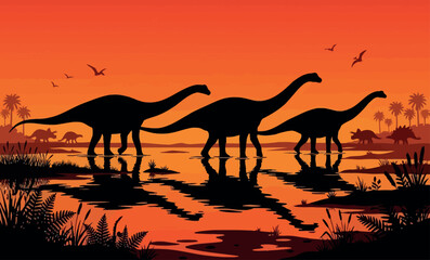 Stunning Vector Illustration of Dinosaur Silhouettes Walking Through a Prehistoric Swamp at Sunset with Brachiosaurus, Triceratops, and Pterodactyls in a Dramatic Orange Sky © Sadek
