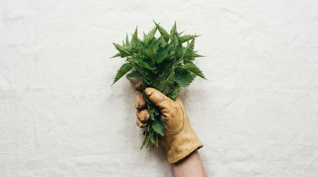 Hand in leather glove holding fresh stinging nettles for foraging or herbal medicine preparation on white background