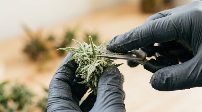 Professional Cannabis Trimming Process with Scissors and Gloves for Quality Control in Legal Marijuana Production