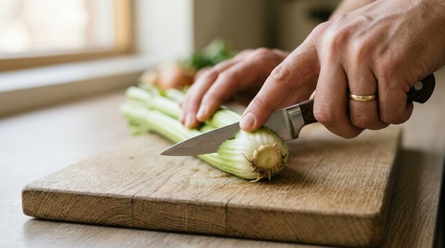 Close up of male hands chopping fresh green celery on a wooden cutting board in a home kitchen for healthy meal preparation