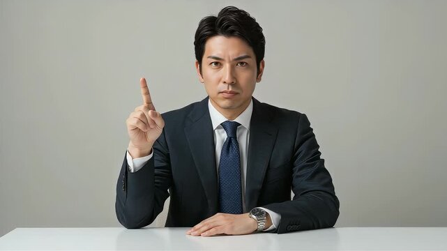 グレー背景の前で真剣に人差し指を立てて説明するスーツの男性