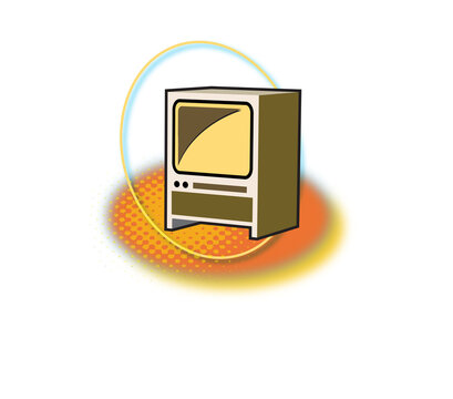 Vintage retro television set with a boxy brown frame and a yellow screen displayed as a flat icon on transparent background