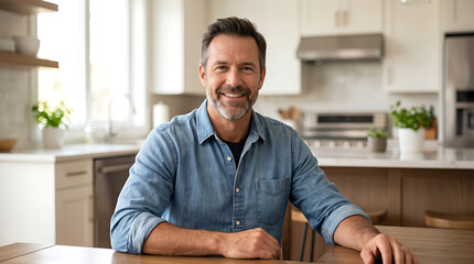 Fototapeta premium Smiling Mature Man Sitting at Kitchen Table in Modern Home Interior, Confident Middle Aged Male Portrait Showing Happiness, Comfort, Lifestyle and Everyday Living