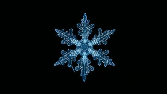黒背景に美しく浮かび上がる神秘的な天然の雪の結晶のマクロ映像