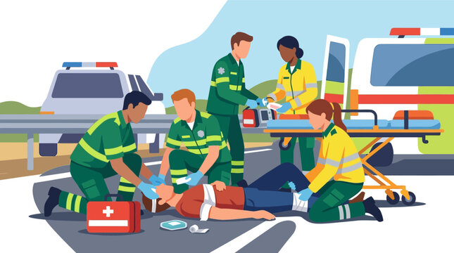 Flat vector illustration of emergency paramedics in green uniforms providing urgent medical care to an injured person on a road next to an ambulance and police vehicle.