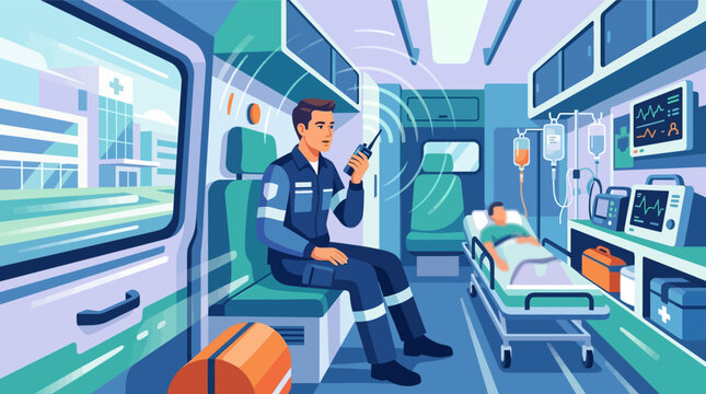 Flat vector illustration of a paramedic using a portable radio inside an ambulance while transporting a patient on a stretcher with medical monitoring equipment towards a hospital.