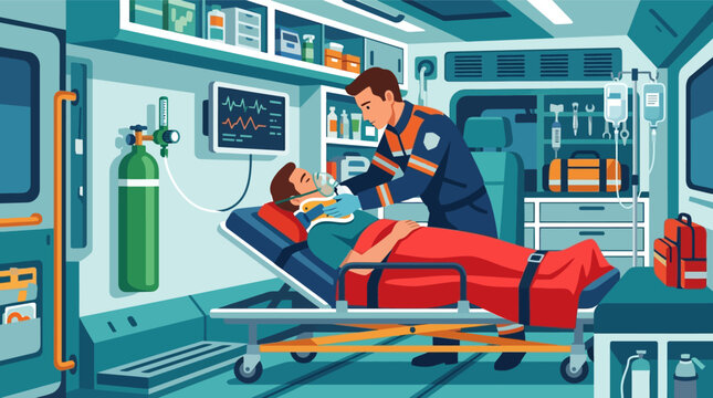 A male paramedic in a blue uniform provides medical care to an injured patient on a stretcher inside a fully equipped ambulance with a heart monitor and oxygen tank.