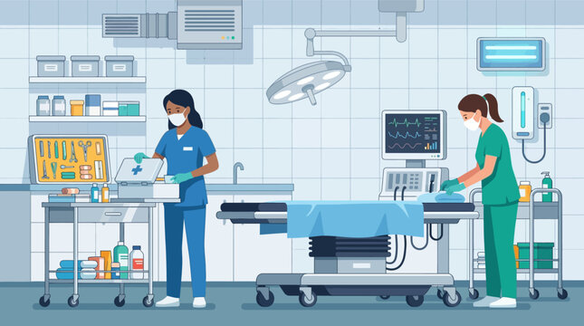 Vector illustration of two nurses in scrubs and masks preparing a hospital trauma bay with surgical tools, medical monitors, and a treatment table in a clean clinic setting.