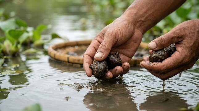 Traditional Harvesting of Fresh Water Chestnuts by Asian Farmer in Shallow Pond for Sustainable Agriculture and Food Production