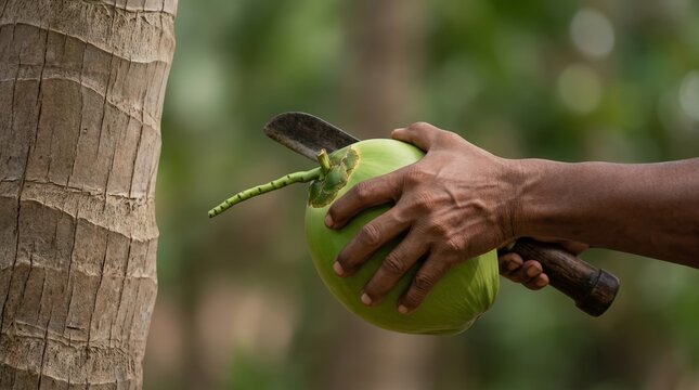 Close up of a man hand using a machete to open a fresh green coconut for healthy tropical drink in a palm plantation
