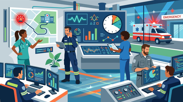 Multiracial emergency medical team coordinating hospital dispatch in high-tech command center with ambulance, GPS maps, vital sign monitors, and data analytics on digital screens.