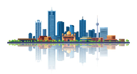 Fototapeta premium Hyderabad India city skyline vector illustration with water reflection featuring historical Charminar monument and modern skyscraper silhouettes on a white background.