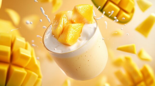 mango lassi floating in the air, mango slices, and splashes of yogurt generative ai