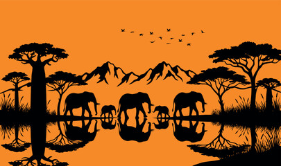 African Savanna Sunset Silhouette Vector Illustration with Elephant Family Walking by Water Reflection, Acacia and Baobab Trees, Mountains, and Flying Birds in Vibrant Orange Sky Landscape © Sadek