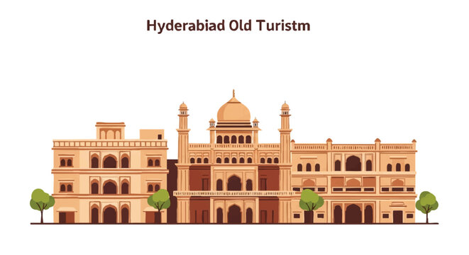 Vector illustration of Hyderabad old city architecture featuring the iconic Charminar monument with intricate arches, minarets, and traditional Indo-Islamic design elements in India.