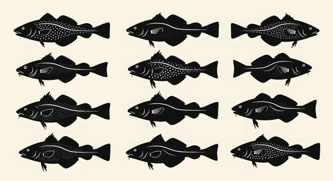 Collection of twelve Atlantic cod fish silhouettes with white dotted patterns and line art details, arranged in a grid pattern on a neutral light cream colored background.