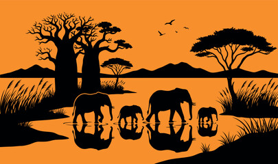 African Savanna Sunset Silhouette Vector Illustration featuring an Elephant Herd with Calves Walking through Water with Baobab and Acacia Trees and Mountain Range Background Scenic Nature © Sadek