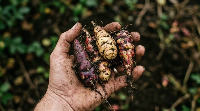 Hand Holding Freshly Harvested Andean Oca Tubers Organic Root Vegetables for Sustainable Farming and Culinary Concepts