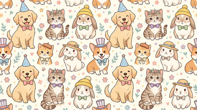 Cute puppy, kitten and bunny seamless pattern with bows and hats on white background, whimsical hand drawn animal illustration for nursery and textile design