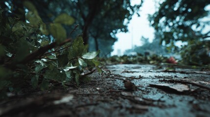 Fototapeta premium Gloomy wet ground with green leaves after rain
