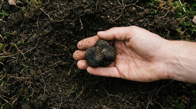Hand Holding Fresh Black Truffle Harvested From Soil for Gourmet Culinary Use and Fine Dining Gastronomy