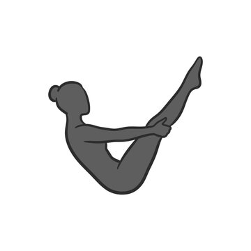 Gray silhouette of woman in boat pose.