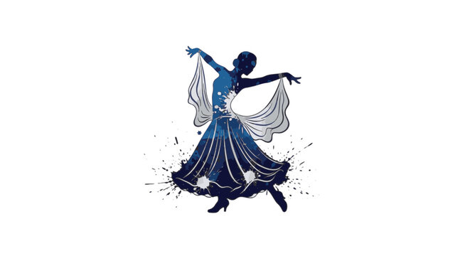Watercolor silhouette of a female ballroom dancer in a flowing blue gown with paint splatters, performing a graceful pose against a white background for dance studio branding.