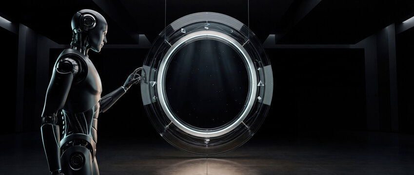 Black humanoid robot interacting with large glowing circular portal in dark room