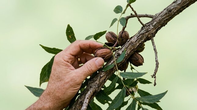 Close up of a senior farmer hand inspecting organic pecans on a tree branch during harvest season in an orchard