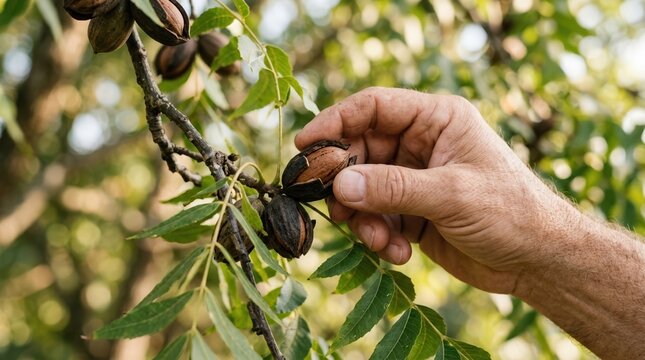 Mature Farmer Hand Harvesting Organic Pecans from Tree in Orchard for Sustainable Agriculture and Food Production