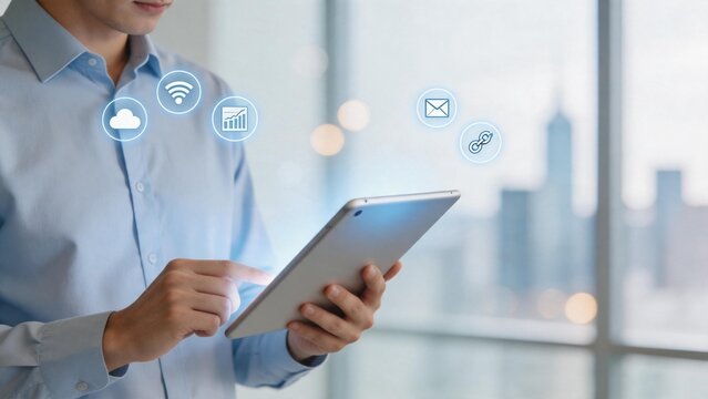 Person using tablet with digital icons